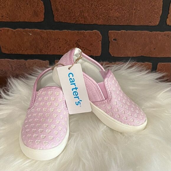 New Carters Tween 12 Glitter Hearts‎ Slip-On Shoes Toddler Sz 8 Pink Casual Cute - Picture 7 of 11